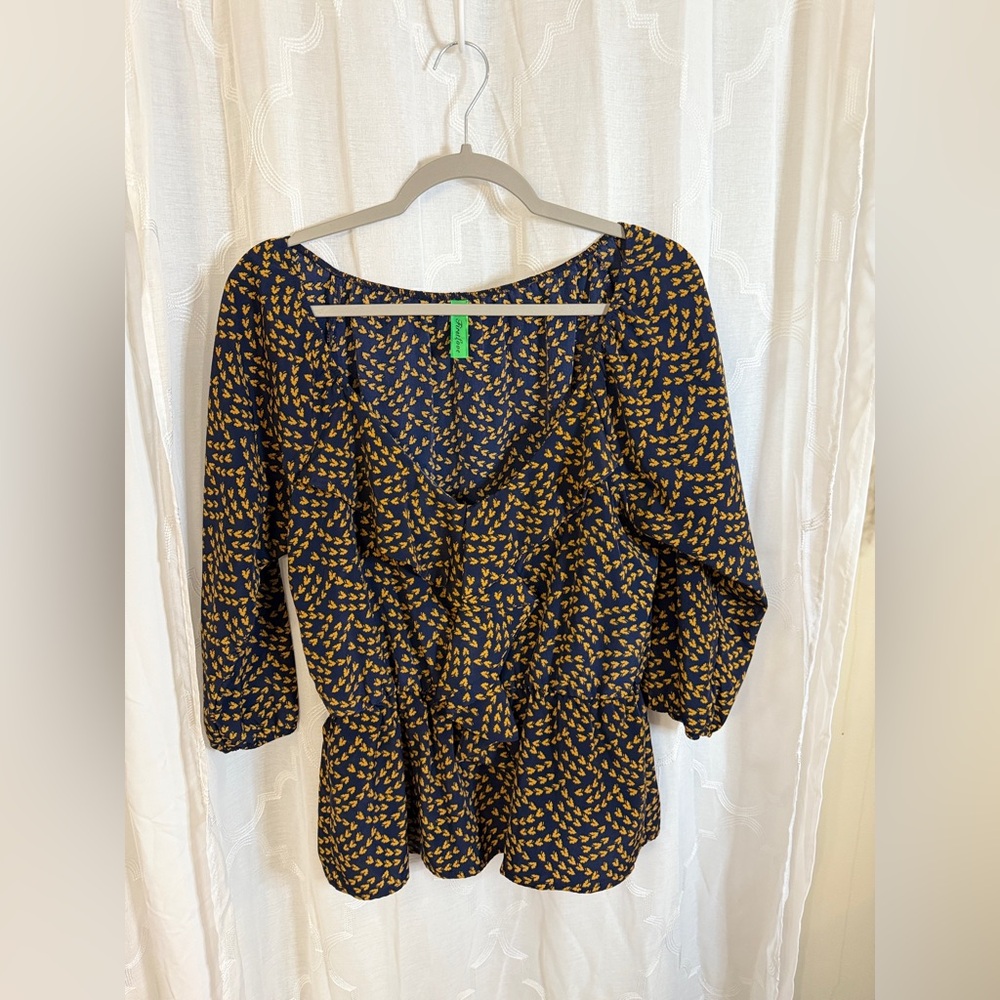 First Love | Navy and Gold Printed Blouse | Size Large